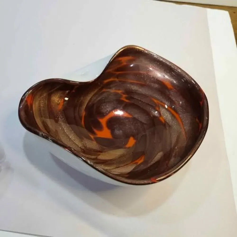 Art Glass Bowl Orange Brown White Swirl Design